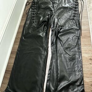 Black Lace-Up Faux Leather Pants